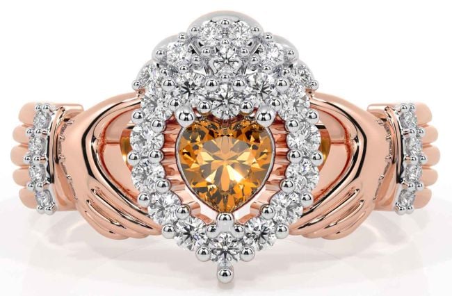 Diamond Citrine Rose Gold Silver Claddagh Ring