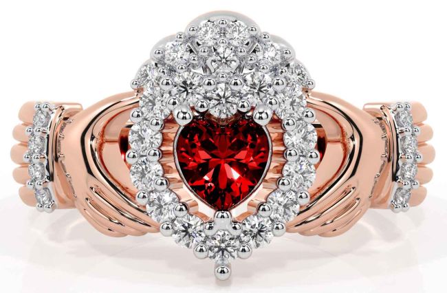 Diamond Garnet Rose Gold Silver Claddagh Ring