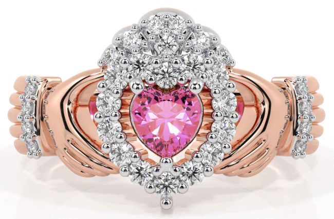 Diamond Pink Tourmaline Rose Gold Silver Claddagh Ring