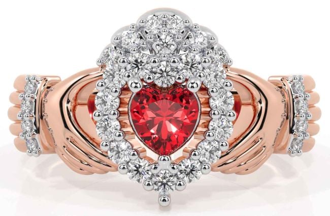 Diamond Ruby Rose Gold Silver Claddagh Ring