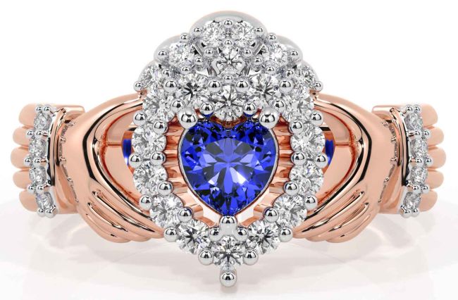 Diamond Sapphire Rose Gold Silver Claddagh Ring