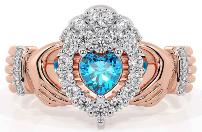 Diamond Topaz Rose Gold Silver Claddagh Ring