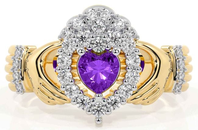 Diamond Amethyst Gold Silver Claddagh Ring