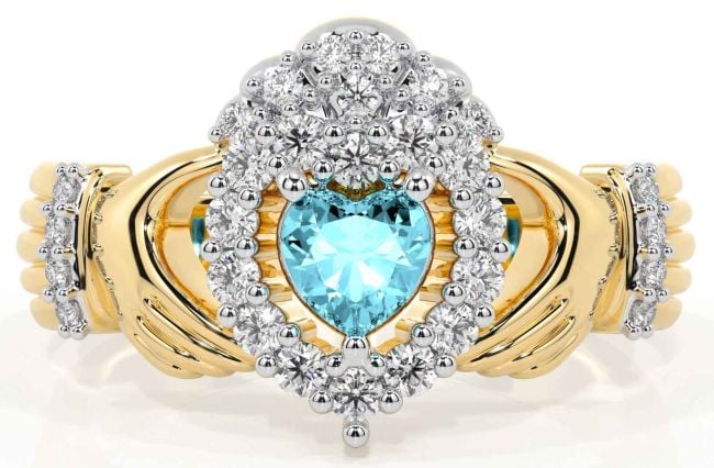 Diamond Aquamarine Gold Silver Claddagh Ring