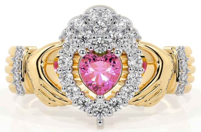 Diamond Pink Tourmaline Gold Silver Claddagh Ring