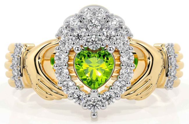 Diamond Peridot Gold Silver Claddagh Ring