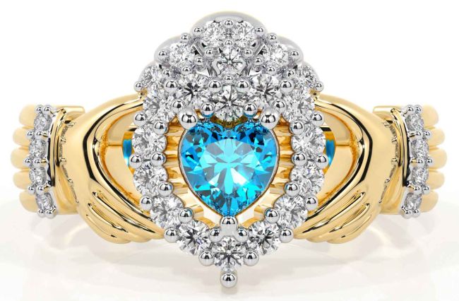 Diamond Topaz Gold Silver Claddagh Ring