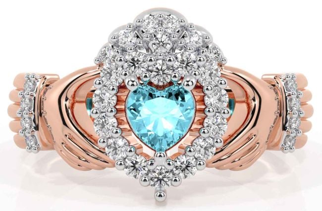 Diamond Aquamarine Rose Gold Claddagh Ring