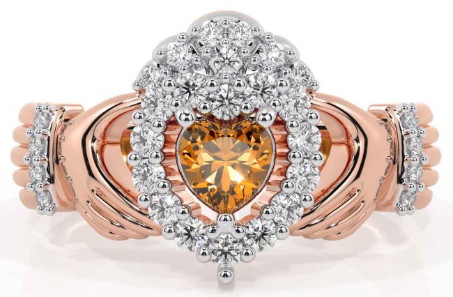 Diamond Citrine Rose Gold Claddagh Ring