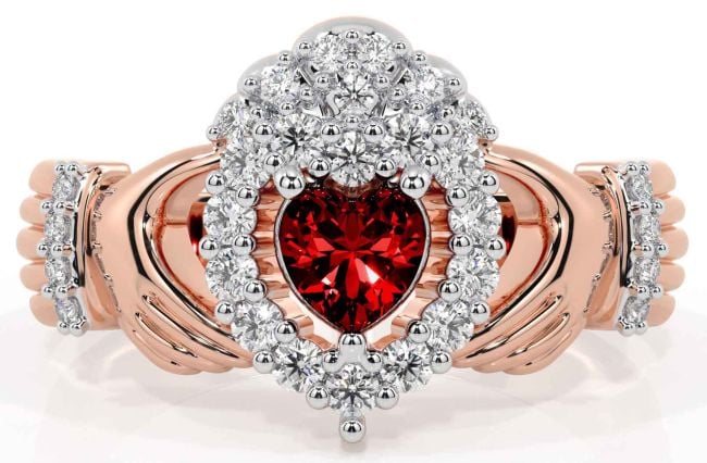 Diamond Garnet Rose Gold Claddagh Ring