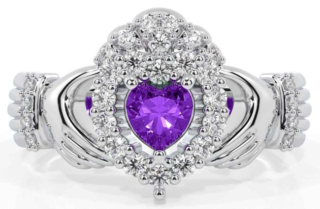 Diamond Amethyst Silver Claddagh Ring