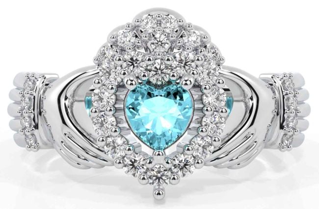 Diamond Aquamarine Silver Claddagh Ring