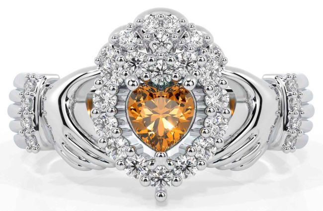 Diamond Citrine Silver Claddagh Ring