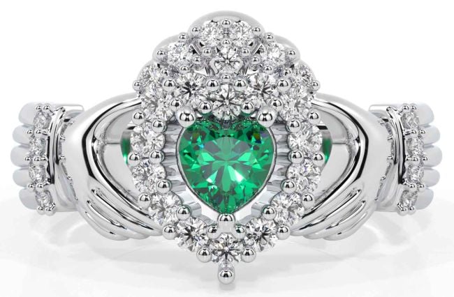 Diamond Emerald Silver Claddagh Ring