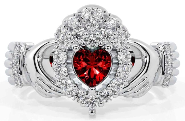 Diamond Garnet Silver Claddagh Ring