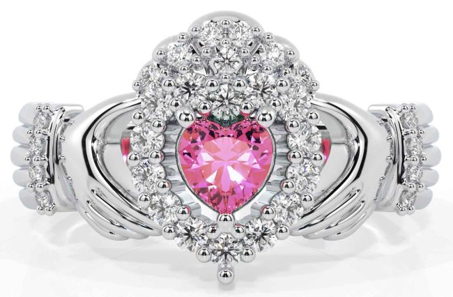 Diamond Pink Tourmaline Silver Claddagh Ring