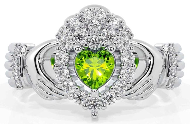 Diamond Peridot Silver Claddagh Ring