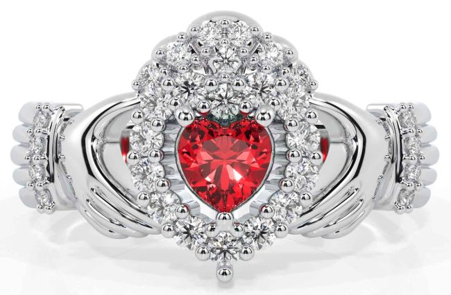 Diamond Ruby Silver Claddagh Ring