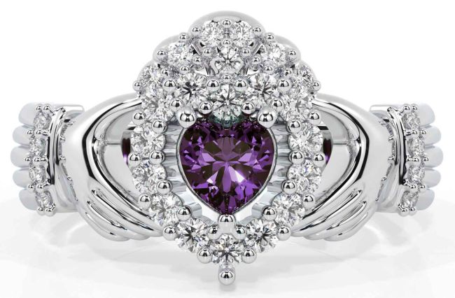 Diamond Alexandrite White Gold Claddagh Ring