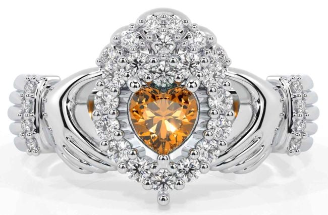 Diamond Citrine White Gold Claddagh Ring