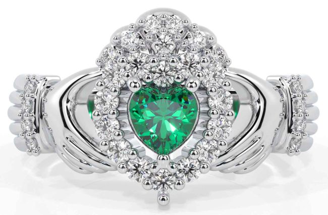 Diamond Emerald White Gold Claddagh Ring