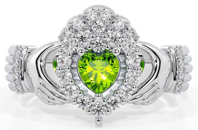 Diamond Peridot White Gold Claddagh Ring