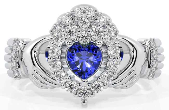 Diamond Sapphire White Gold Claddagh Ring