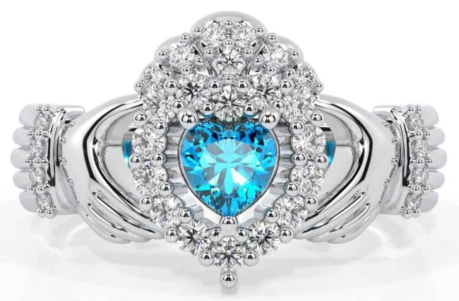 Diamond Topaz White Gold Claddagh Ring