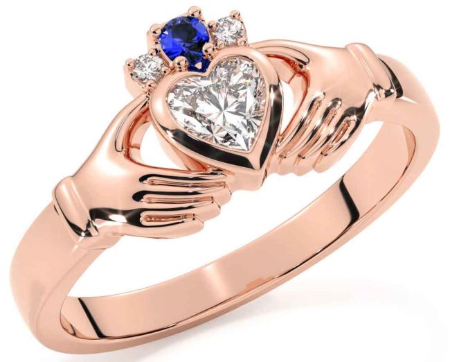 Diamond Sapphire Rose Gold Silver Claddagh Ring