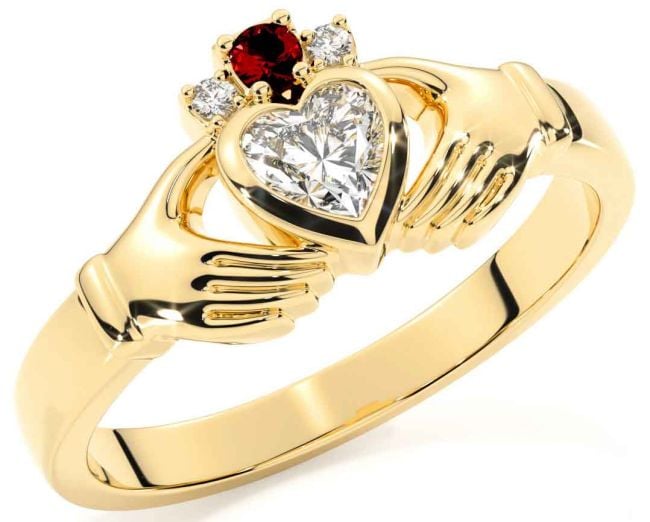 Diamond Garnet Gold Silver Claddagh Ring