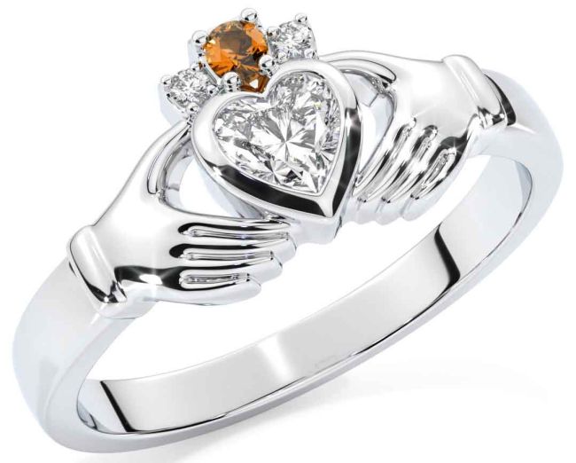 Diamond Citrine Silver Claddagh Ring