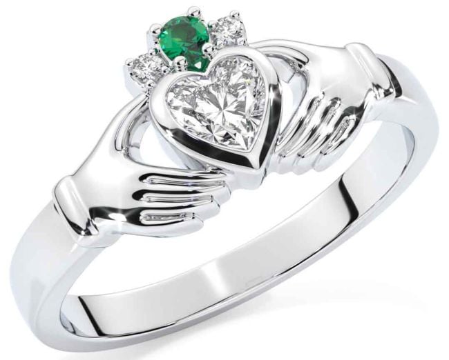 Diamond Emerald Silver Claddagh Ring