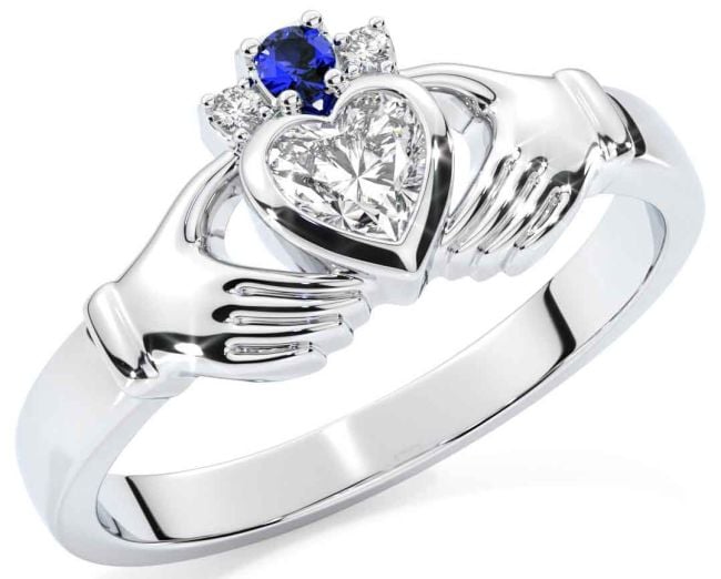 Diamond Sapphire Silver Claddagh Ring