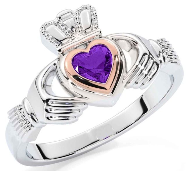 Amethyst Rose Gold Silver Claddagh Ring