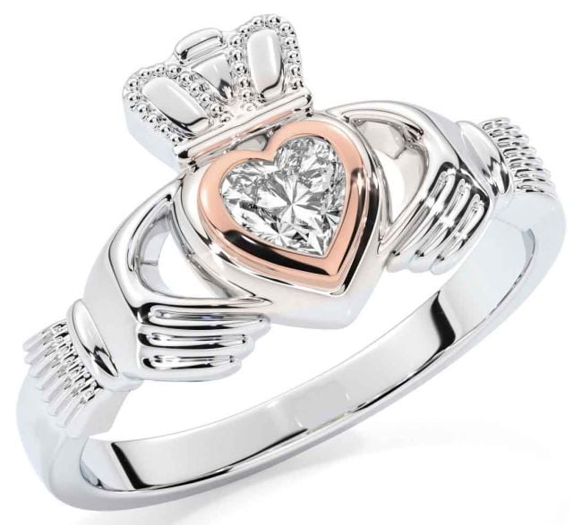 Diamond Rose Gold Silver Claddagh Ring