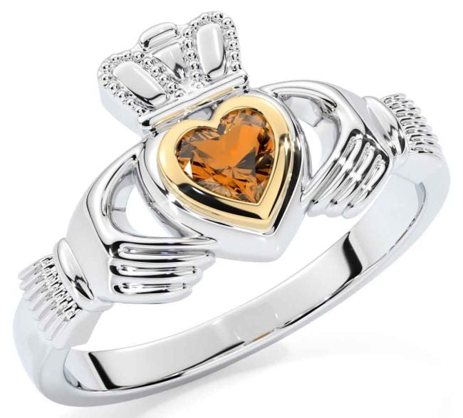 Citrine Gold Silver Claddagh Ring