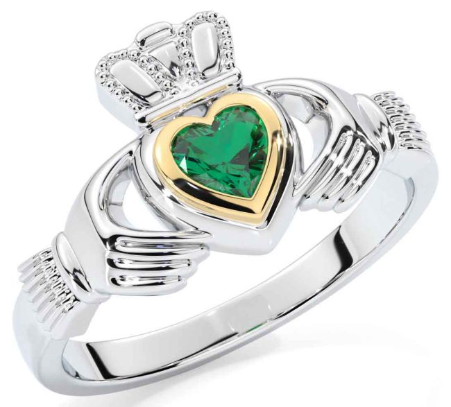 Emerald Gold Silver Claddagh Ring