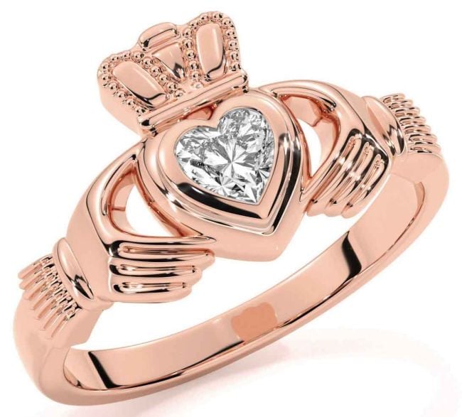 Diamond Rose Gold Silver Claddagh Ring