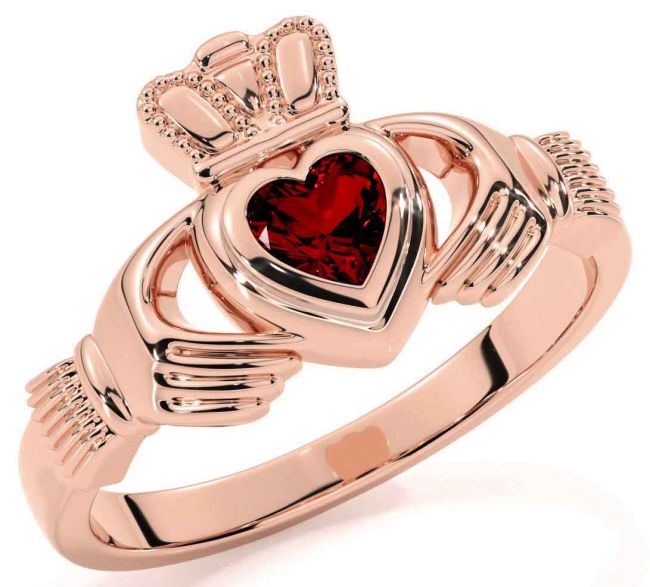 Garnet Rose Gold Silver Claddagh Ring