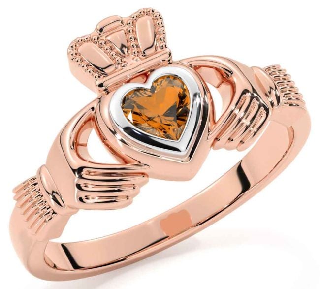 Citrine Rose Gold Silver Claddagh Ring