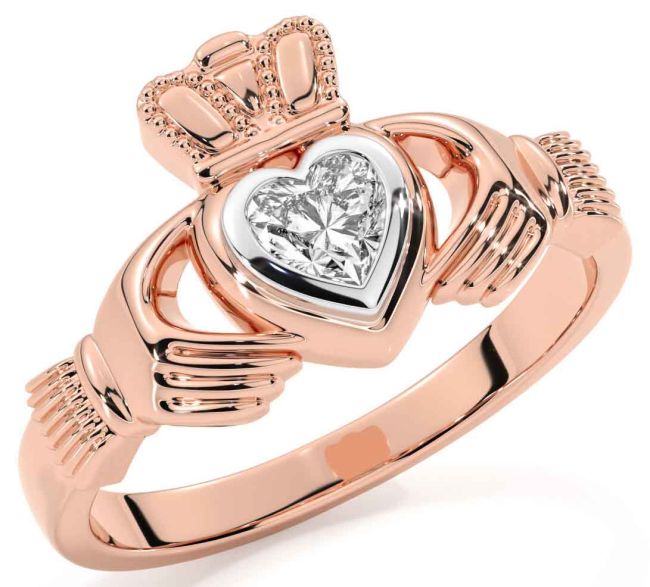 Diamond Rose Gold Silver Claddagh Ring