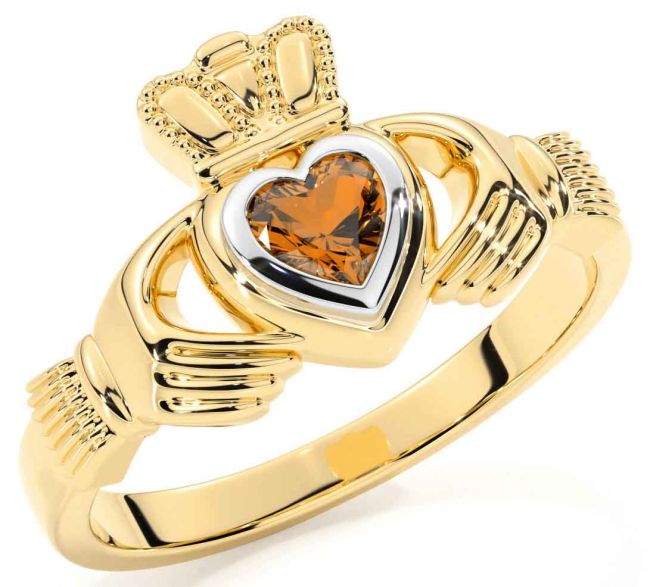 Citrine Gold Silver Claddagh Ring