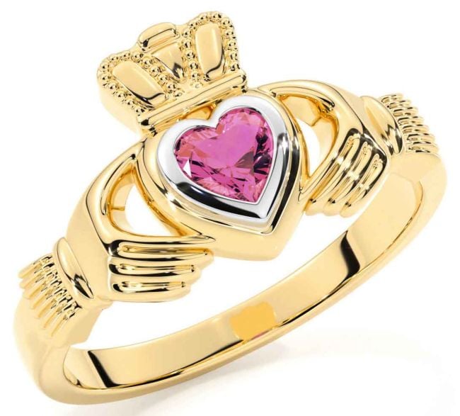 Pink Tourmaline Gold Silver Claddagh Ring