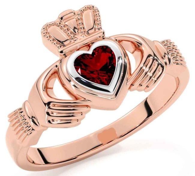 Garnet White Rose Gold Claddagh Ring