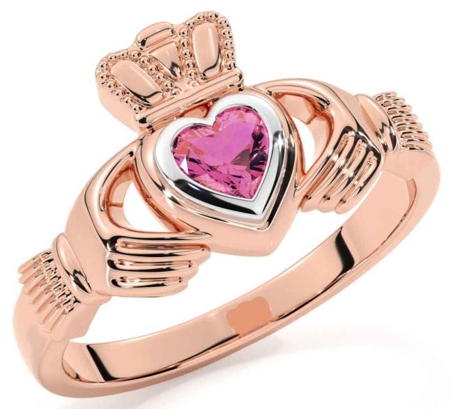 Pink Tourmaline White Rose Gold Claddagh Ring