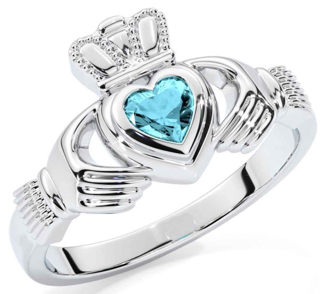 Aquamarine White Gold Claddagh Ring