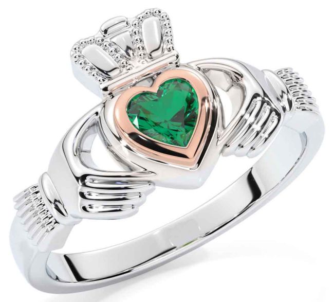 Emerald White Rose Gold Claddagh Ring