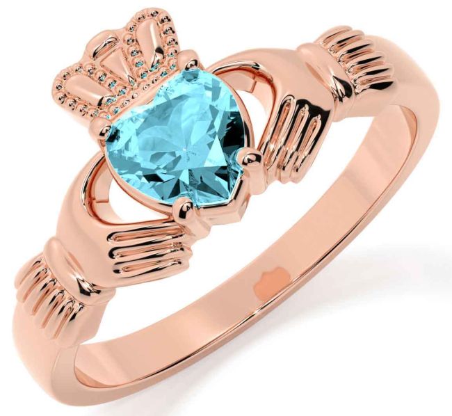 Aquamarine Rose Gold Silver Claddagh Ring