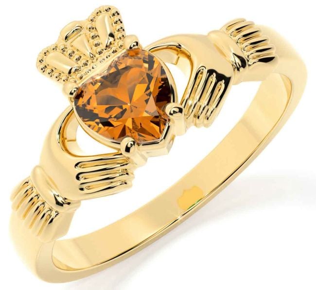 Citrine Gold Silver Claddagh Ring