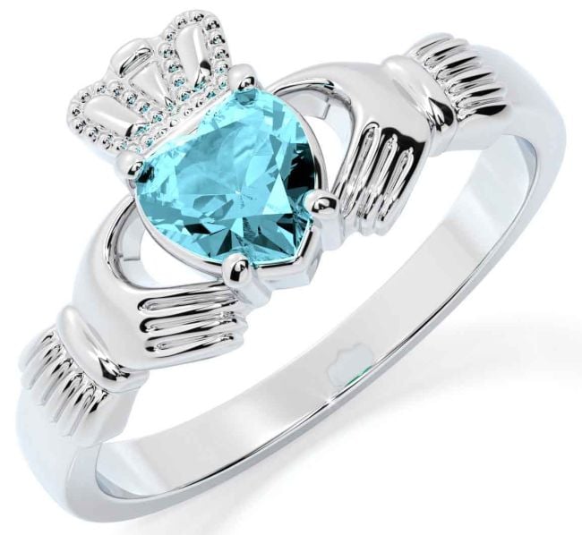 Aquamarine Silver Claddagh Ring